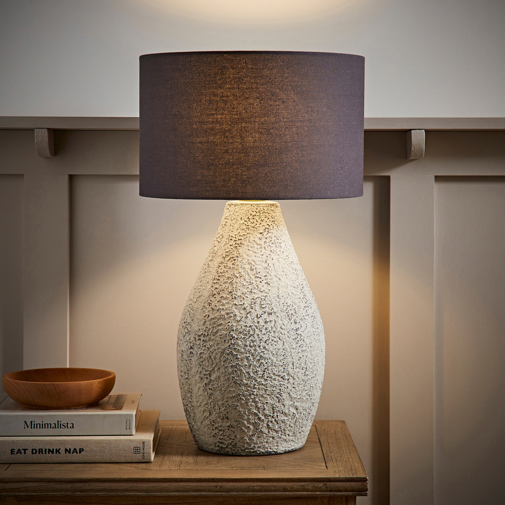 ValueLights Colin Grey Linen Drum Shade Hand Finished Ceramic LED Table Lamp Image 2
