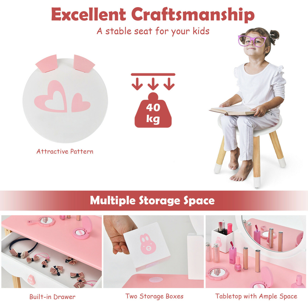 Costway Single Drawer Kids Pink Vanity Table and Chair Set with Mirror Image 8
