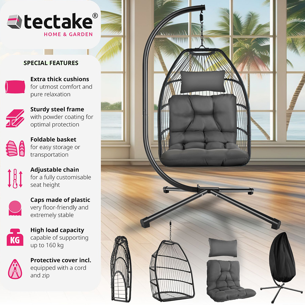 tectake Ariane Dark Grey Egg Chair with Thick Cushions and Protective Cover Image 6