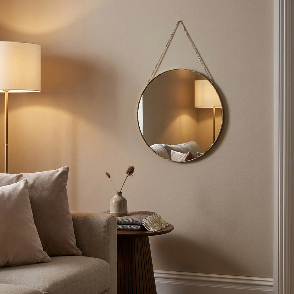 Framed Round Hanging Mirror Gold Image 7