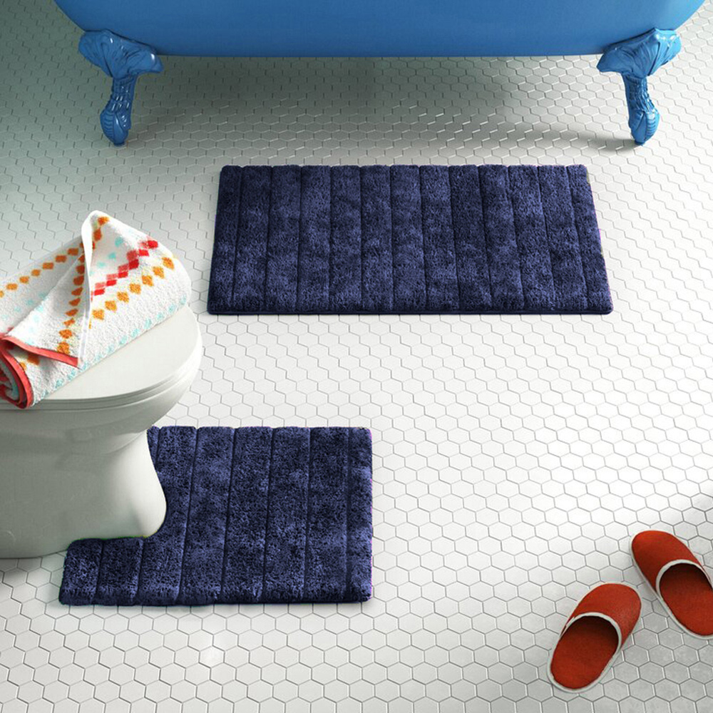 Allure Bath Fashions Navy Ribbed Bath Mat and Pedestal Mat Set 2 Piece Image 2