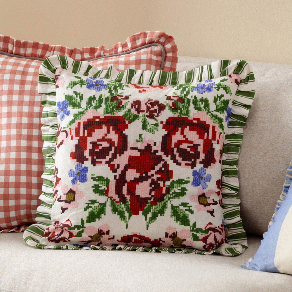 Furn Feeoni Ruffled Willow Green Cotton Reversible Cushion 43 x 43cm Image 2