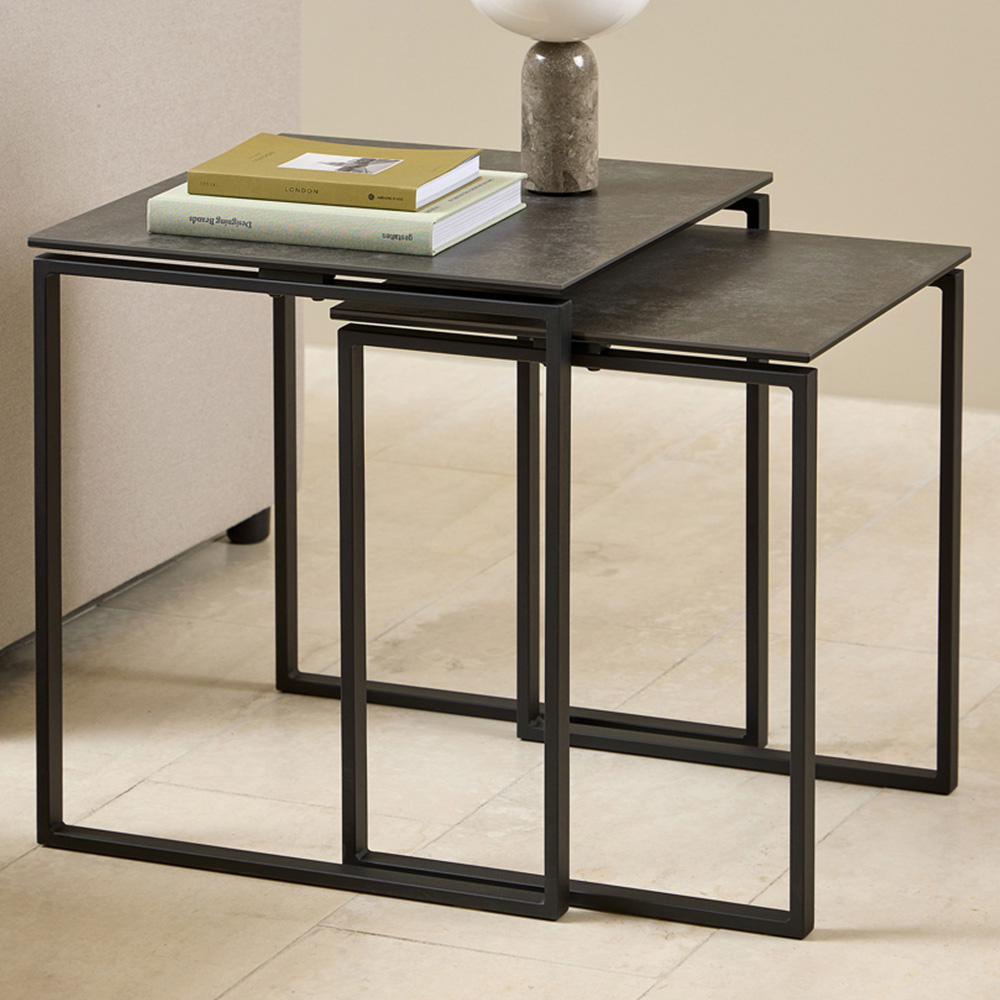 Florence Katrine Black Ceramic Square Nest of Coffee Tables Set of 2 Image 1
