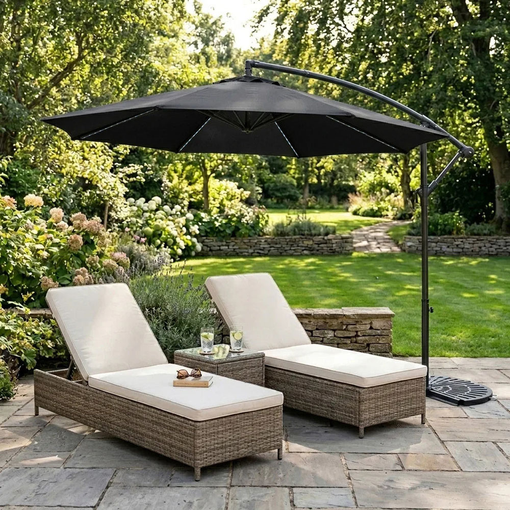 MonsterShop Black LED Cantilever Parasol with Half Fan Base 3m Image 2