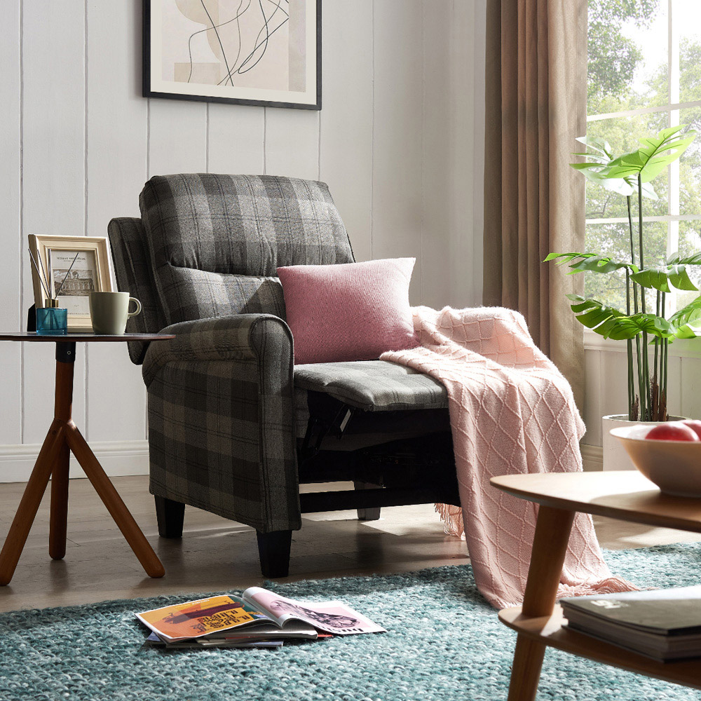 Home Detail Evan Grey Tartan Manual Recliner Chair Image 6
