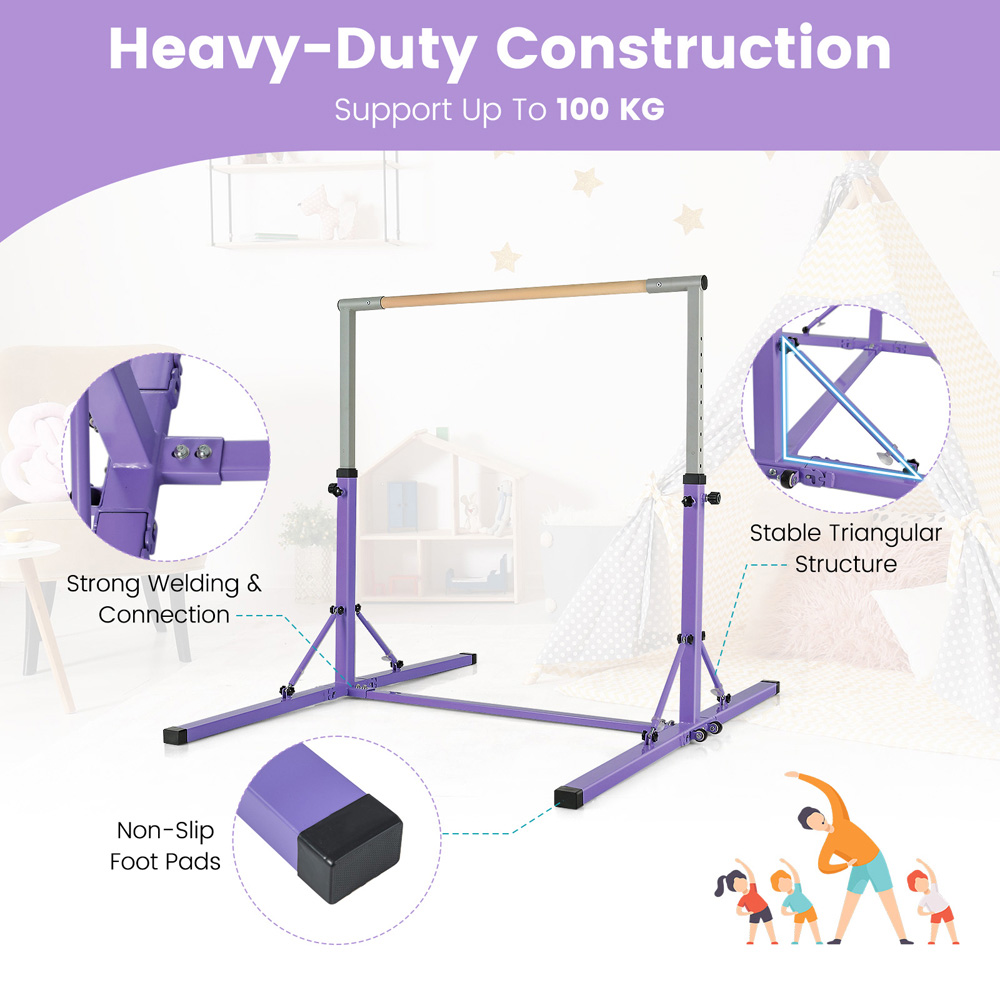 Costway Purple Kids Height Adjustable Foldable Gymnastics Bar Image 8