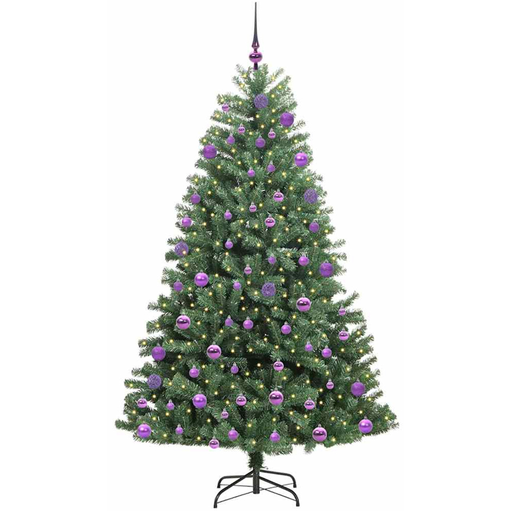 vidaXL Pre-Lit Lilac Baubles Green Artificial Hinged Christmas Tree 7ft Image 1