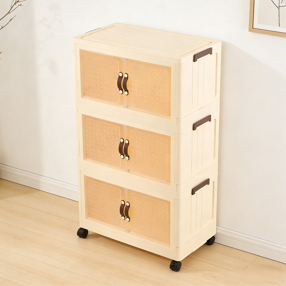 Living and Home 3-Tier Cream and Clear Transparent Foldable Storage Cabinet with Castors Image 7