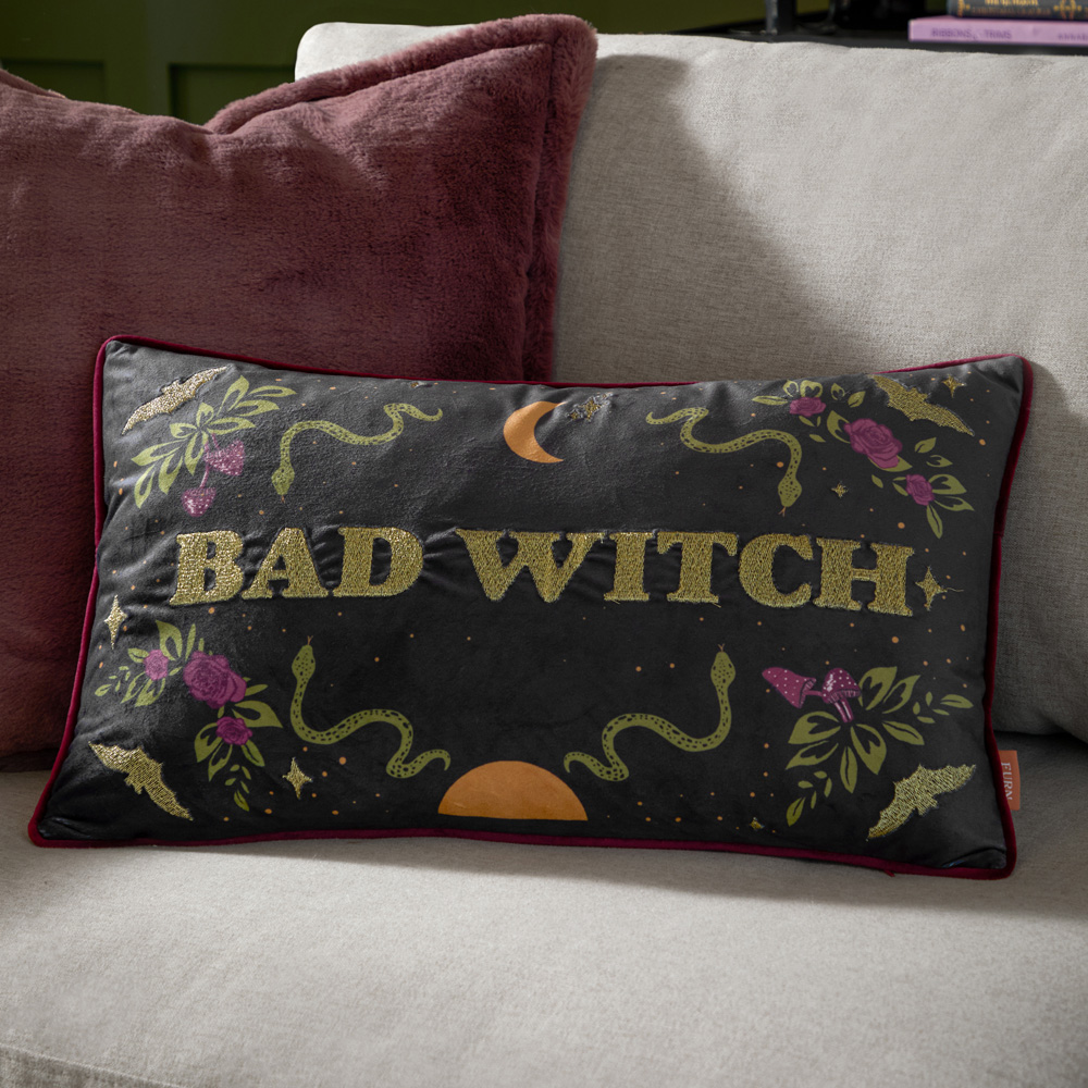 Furn Bad Witch Embroidered Black Velvet Cushion 30 x 50cm Image 2