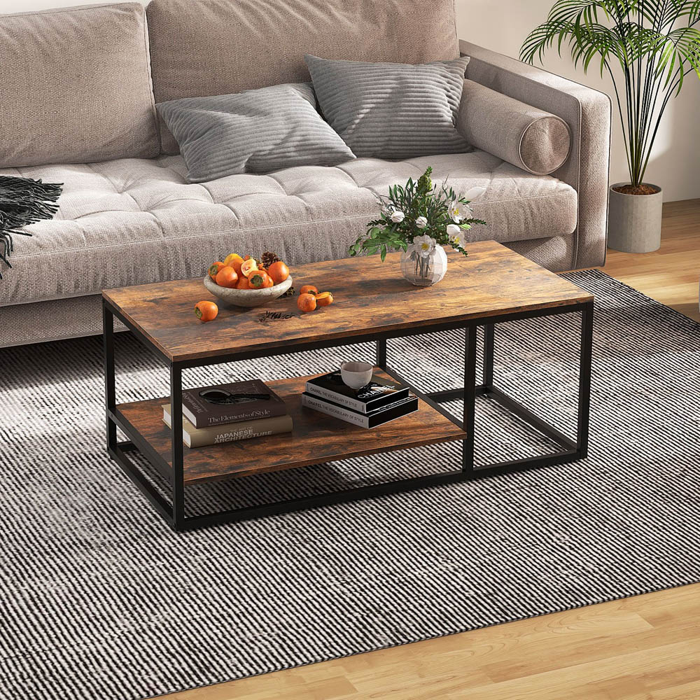 Costway Single Shelf Rustic Brown Industrial Wood Accent Coffee Table Image 5