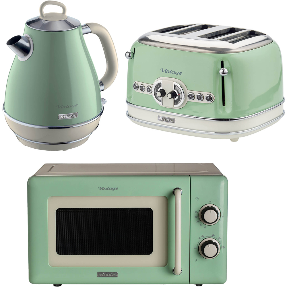 Ariete Vintage ARPK62 Green 20L Microwave with 4 Slice Toaster and 1.7L Jug Kettle Set Image 1