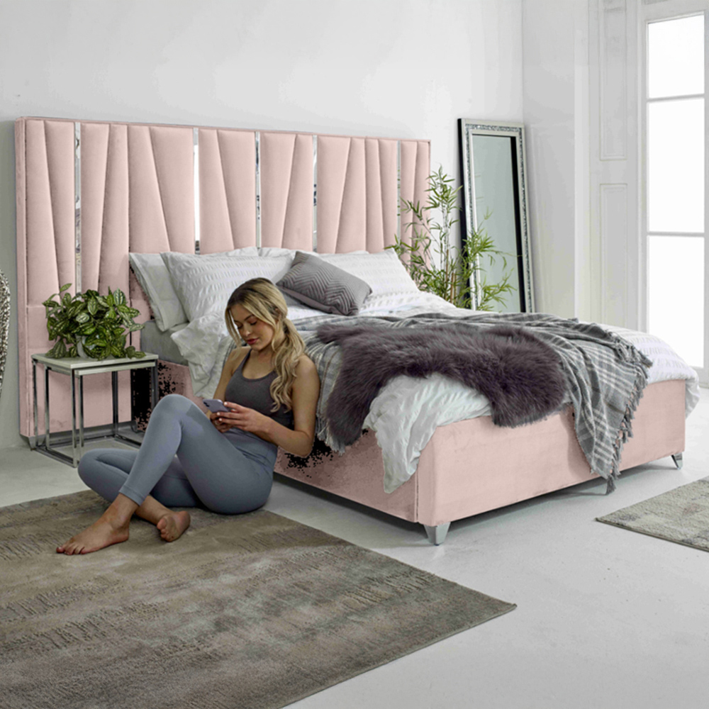 Eleganza Mila Double Pink Plush Velvet Bed Frame with Lined Headboard Image 1