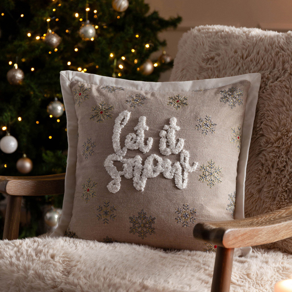 Paoletti Winter Let It Snow Embroidered Greige Boucle Cushion 45 x 45cm Image 6