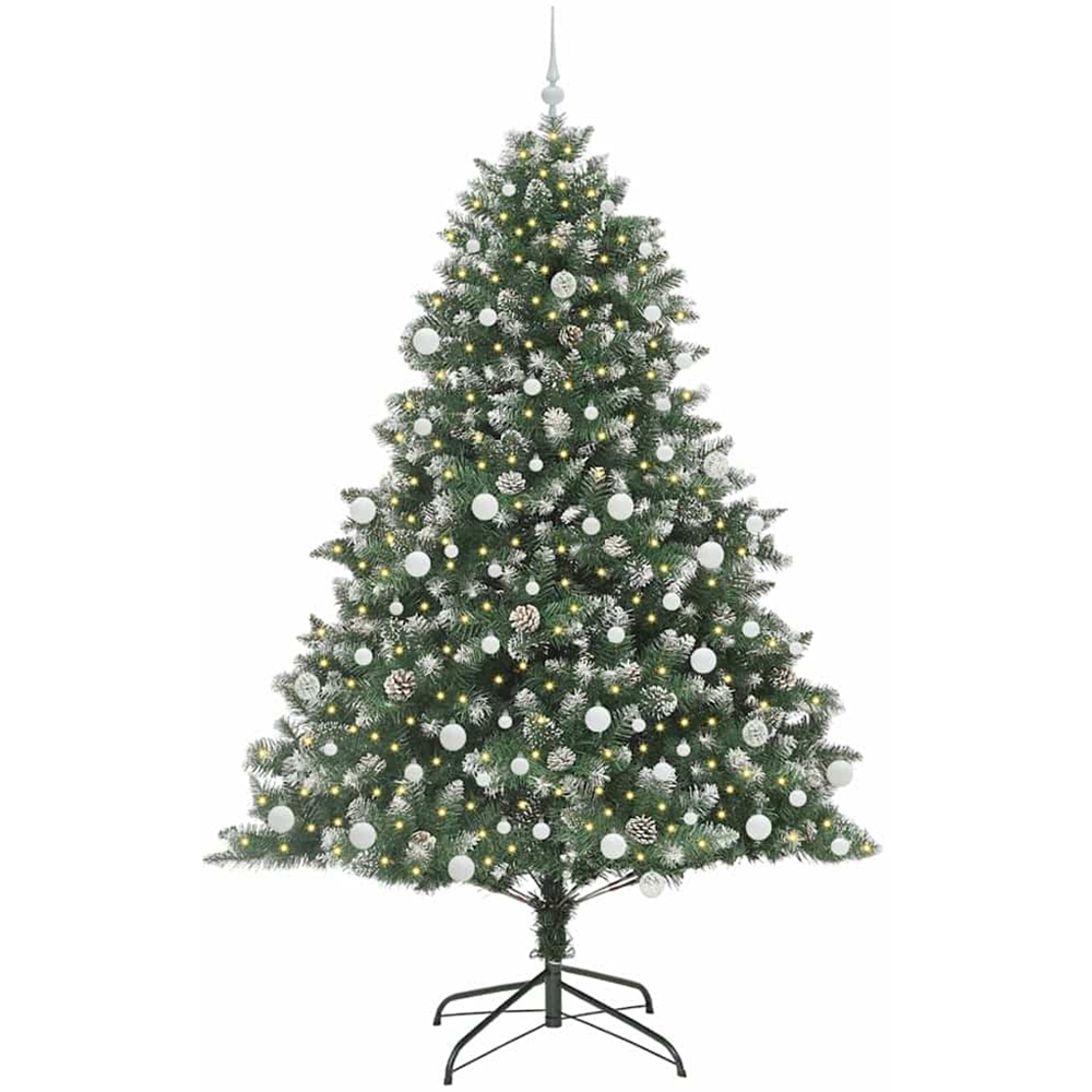 vidaXL Pre-Lit White Baubles Green Artificial Snow Tipped Christmas Tree 7ft Image 1