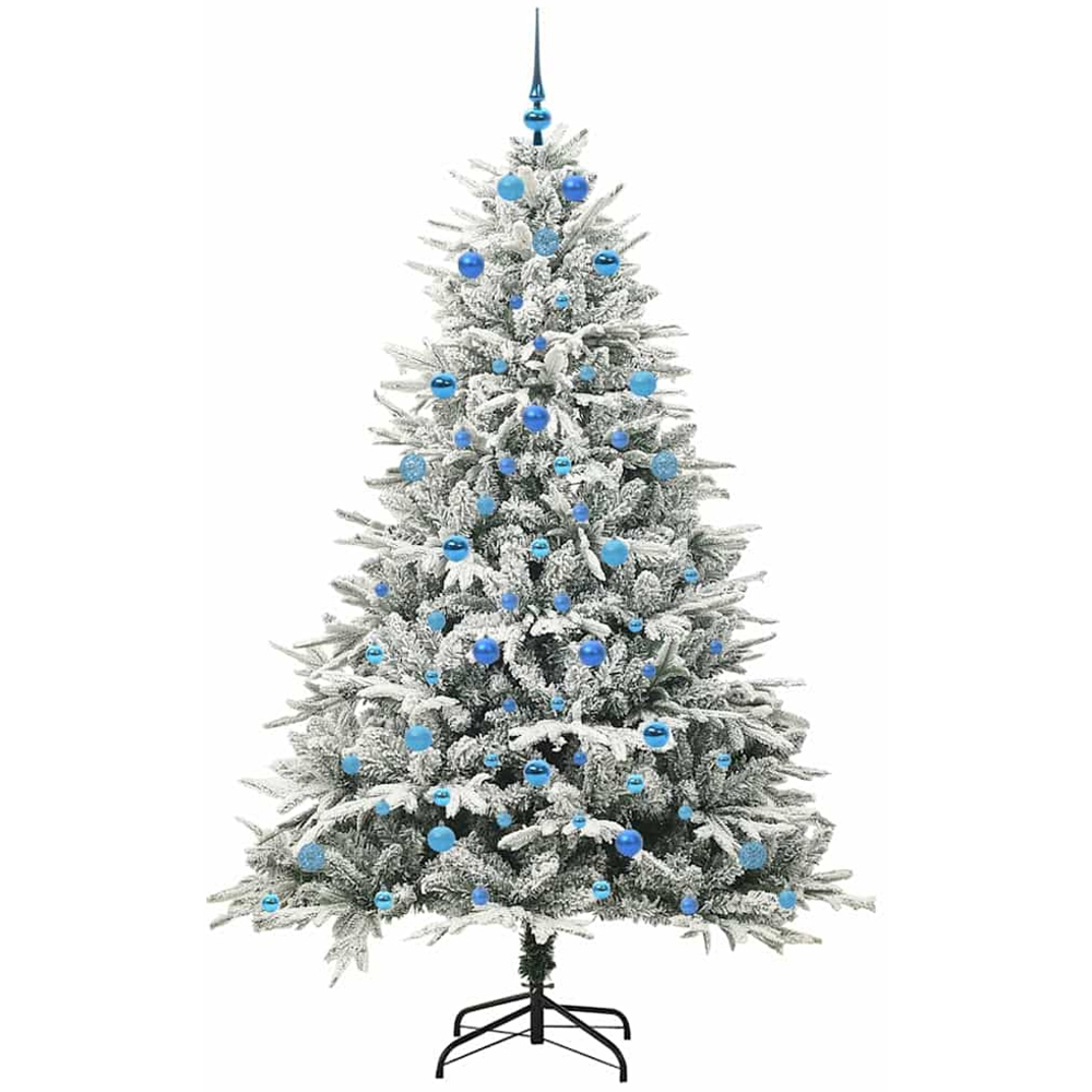 vidaXL 300 LED Pre-Lit Blue Baubles Green Artificial Snow Flocked Christmas Tree 7ft Image 4