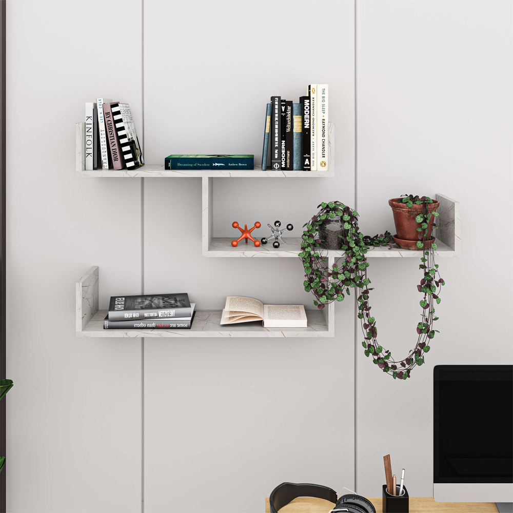 Decortie Tibet Gold Marble Effect 3 Tier Wall Mounted Bookcase Display Unit Image 4