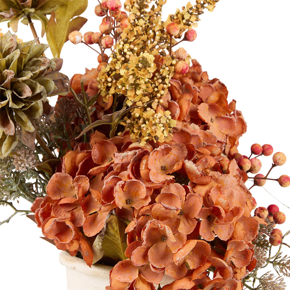 Bright Faux Hydrangea Arrangement in Ceramic Vase Burnt Orange Image 3