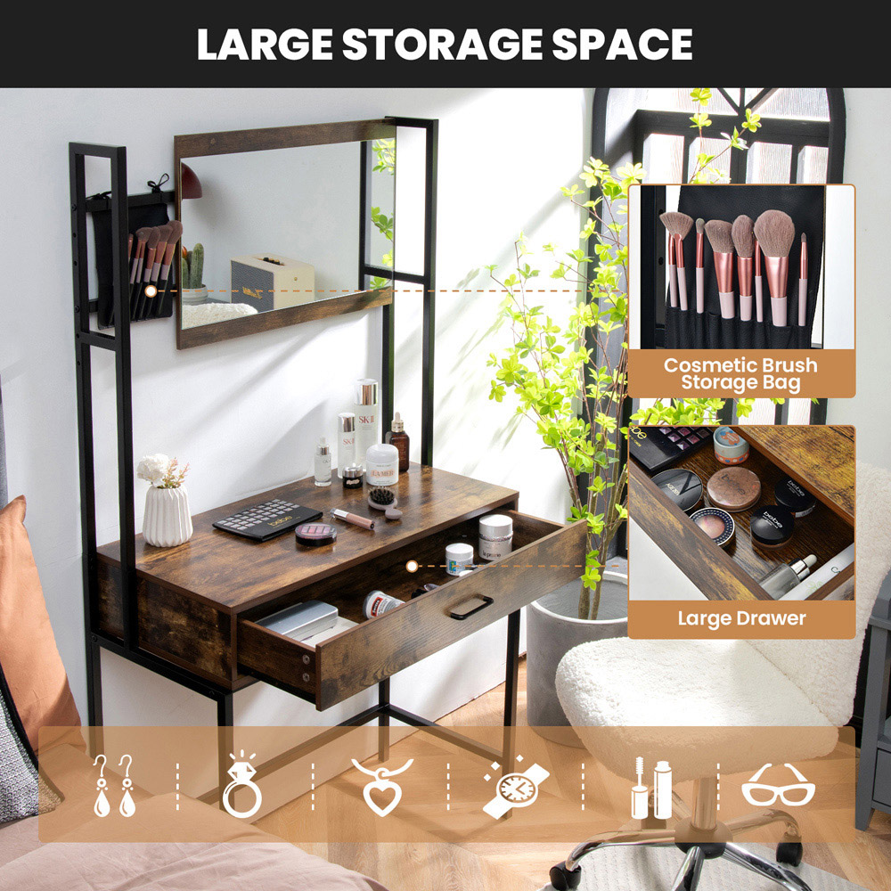 Costway Single Drawer Rustic Brown Industrial Vanity Dressing Table with Mirror Image 5