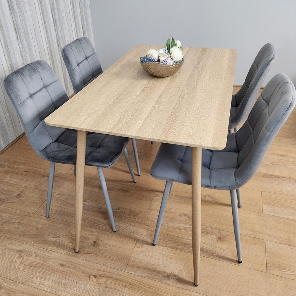 Portland 4 Seater Velvet Dining Set Wood Effect and Grey Image 1