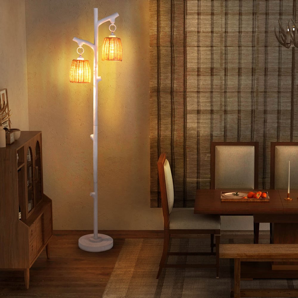 Costway 2 Way White Rattan Dimmable Farmhouse Floor Lamp Image 4