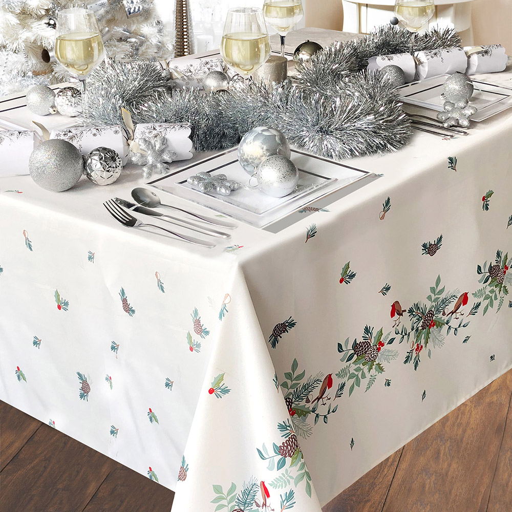 Christmas Story Cream Robin and Holly Berry Tablecloth 130 x 180cm Image 2