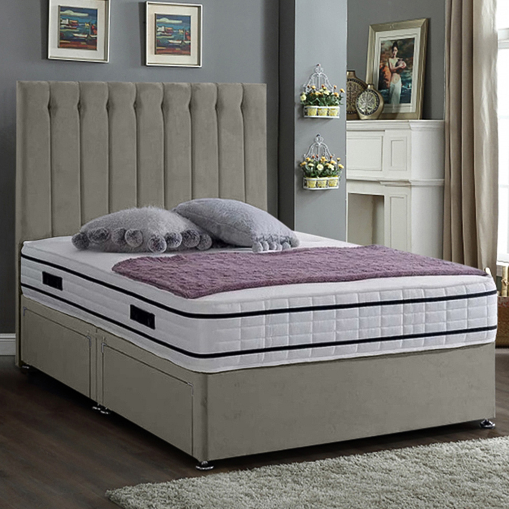 Eleganza Home Snuggler Small Double Grey Plush Velvet 2 Drawer Divan Bed with Lined Headboard Image 1