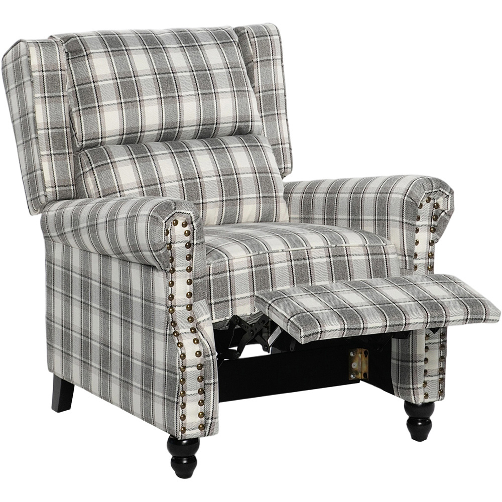 Living and Home Grey Beige Plaid Wingback Recliner Armchair with Adjustable Backrest and Footrest Image 3