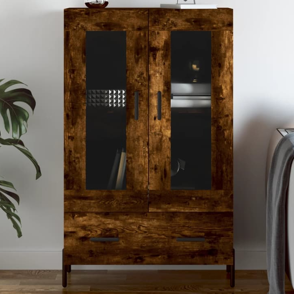 vidaXL 2 Glass Door Single Drawer Smoked Oak Highboard Image 1
