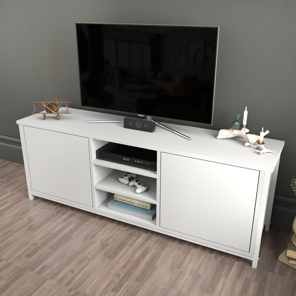 Decorotika Otis 2 Door 3 Shelf White TV Stand for 63 inch TV Image 5
