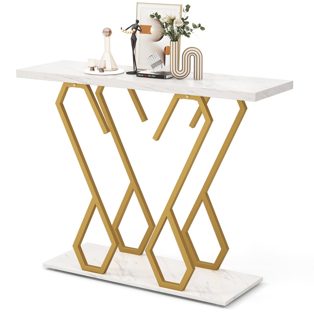 Costway White Faux Marble Console Table with Adjustable Foot Pads Image 3