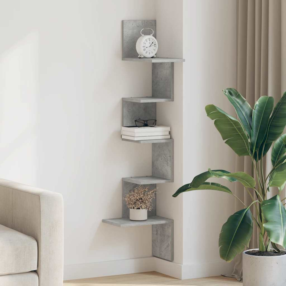 vidaXL 5 Shelf Concrete Grey Floating Corner Wall Shelf Image 3