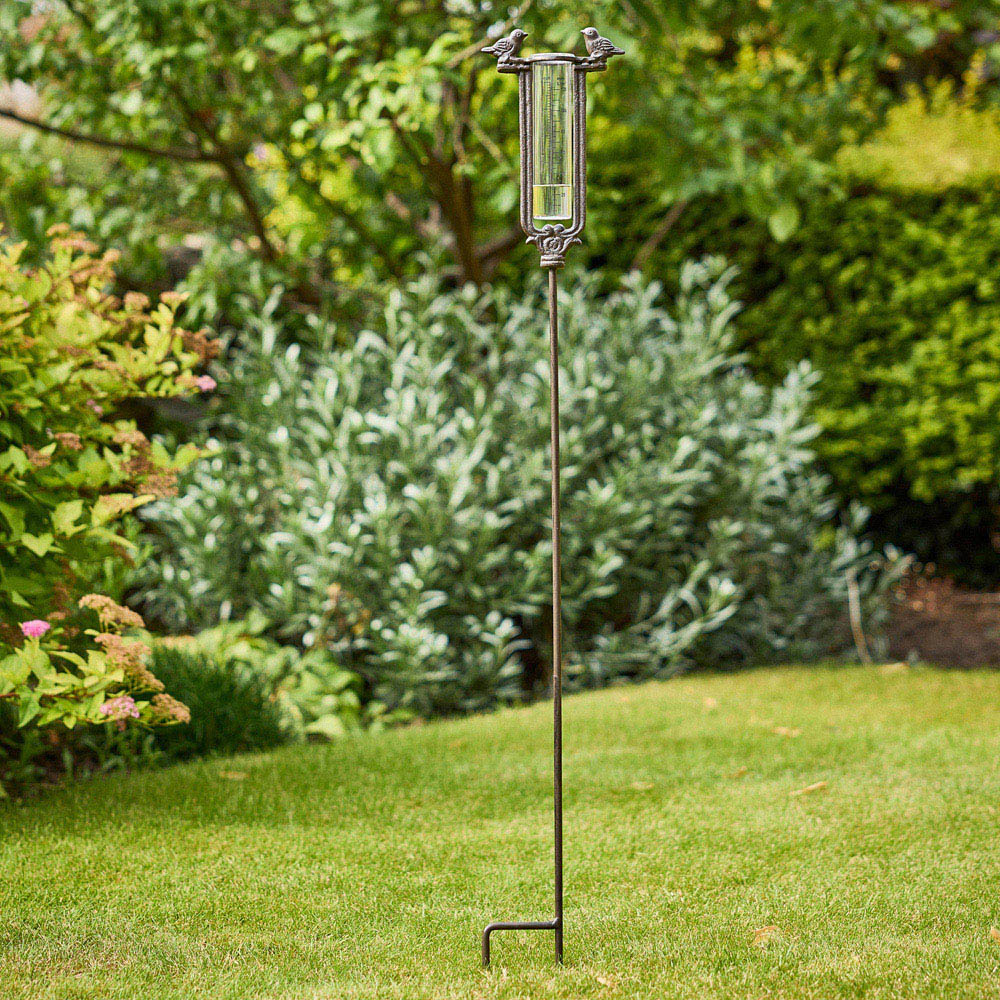 Dibor Antique Brown Cast Iron Bird Standing Rain Gauge Image 2