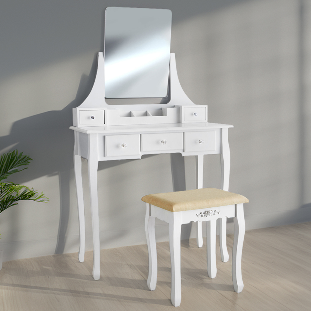 Tectake 5 Drawer White Dressing Table with Mirror and Padded Stool Image 1