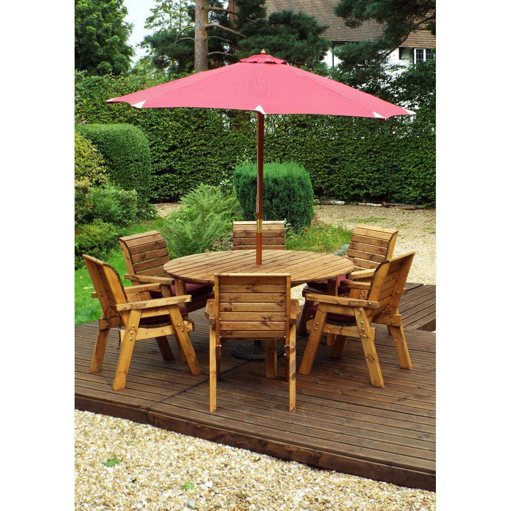 Charles Taylor Solid Wood 6 Seater Round Outdoor Dining Set with Red Cushions Image 8