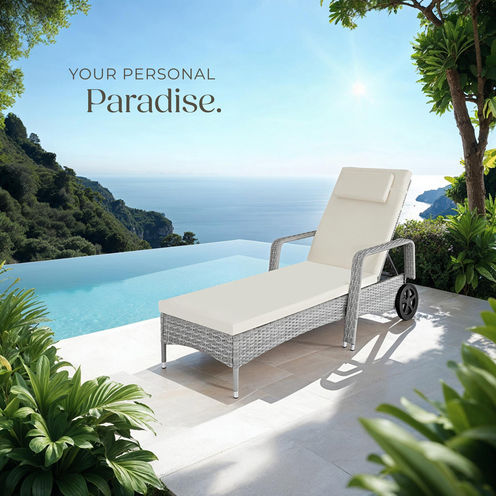 tectake Light Grey and Cream 6 Level Adjustable Sun Lounger with Soft Pillow and Wheels Image 7