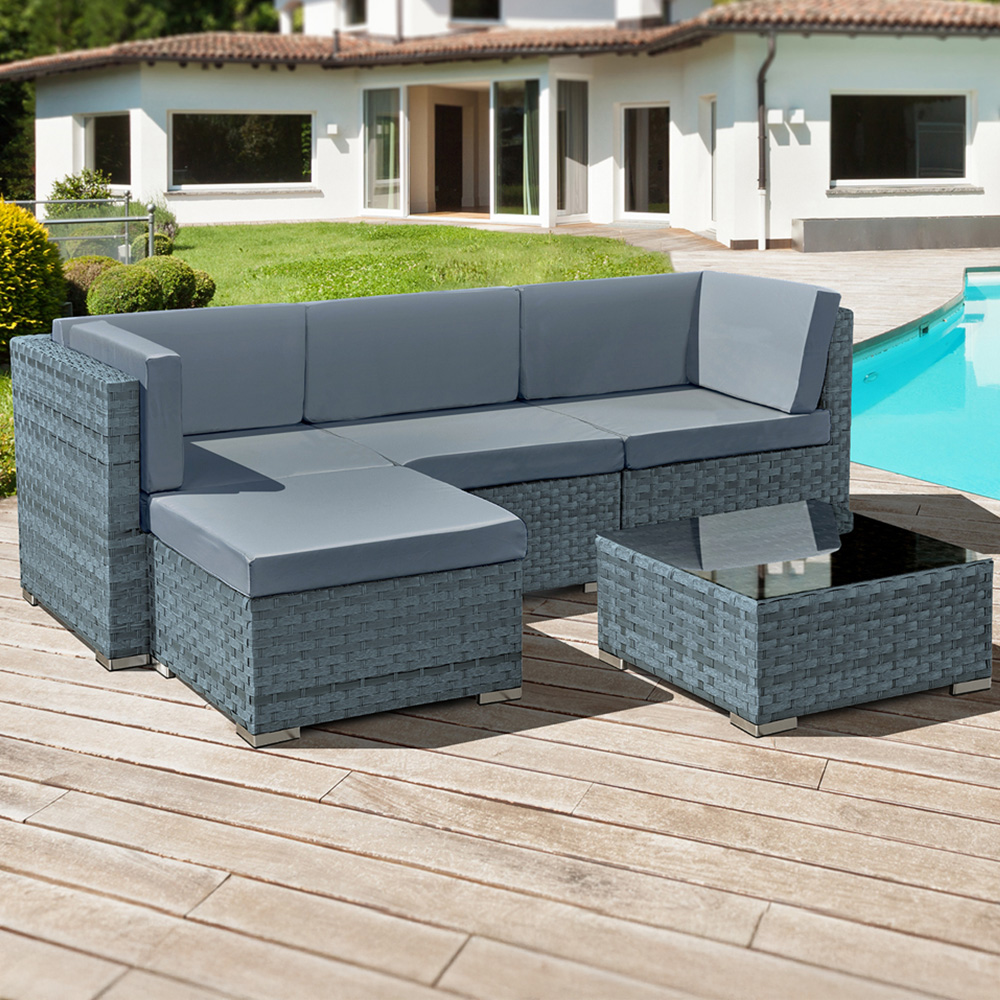 Oseasons Trinidad 4 Seater Ocean Grey Rattan Chaise Lounge Set with Grey Cushions Image 1