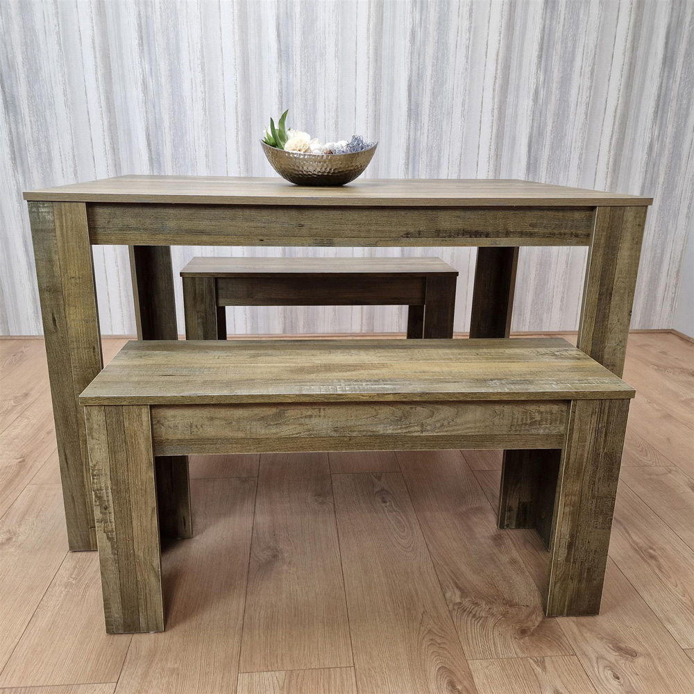 Portland 4 Seater Rustic Effect Dining Table Set with Benches Image 6