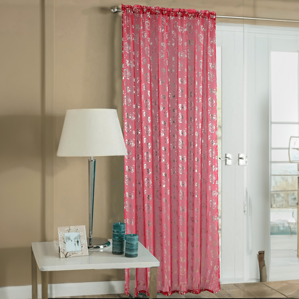 Velosso Geneva Red Foil Flower Voile Panel Curtain 150 x 229cm Image 1