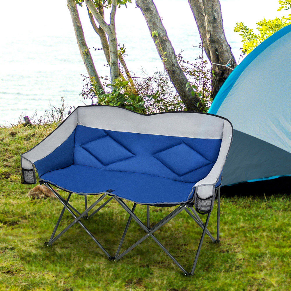 Costway 2 Seater Blue Folding Camping Chair with Padded Seat Image 2