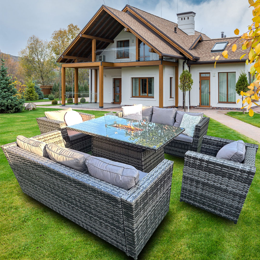 Florence 8 Seater Grey Rattan Firepit Table Garden Corner Lounge Set Image 1