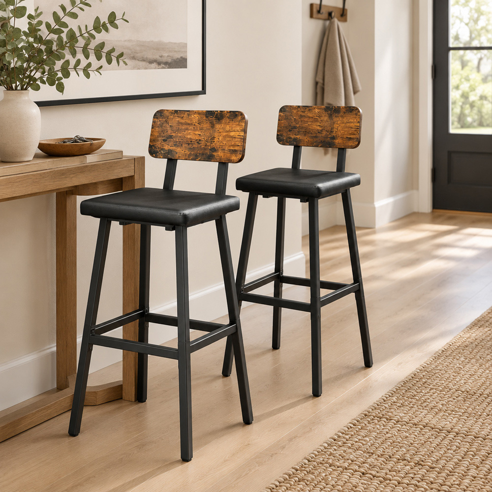 Modcraft Black and Rustic Brown PU Upholstered Industrial Bar Stool Set of 2 Image 5