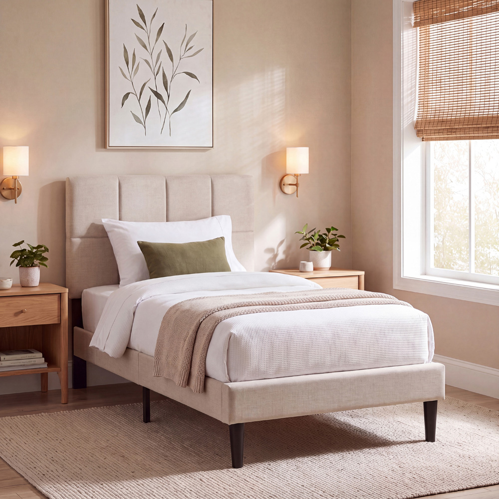 VIDA DESIGNS Velmora Single Beige Linen Fabric Bed Image 8
