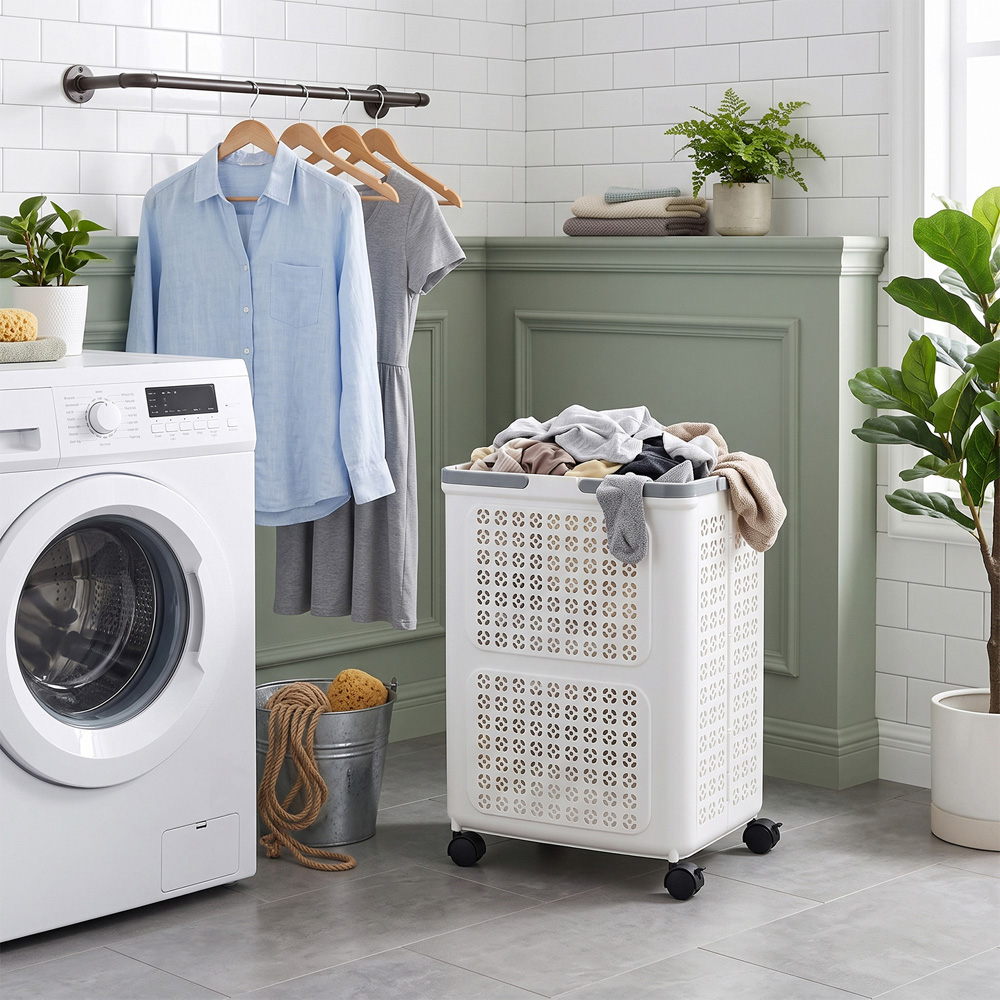 Living and Home White Foldable Rolling Laundry Basket with Wheels 41 x 31 x 55cm Image 2