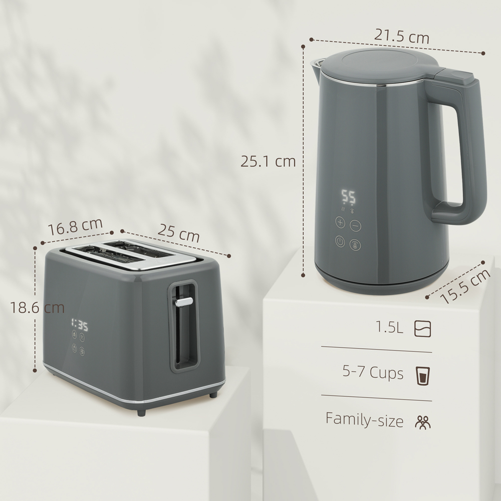 HOMCOM 800-211V70GY Grey 1.5L Fast Boil Electric Kettle 3000W and 2 Slice Toaster Set Image 9