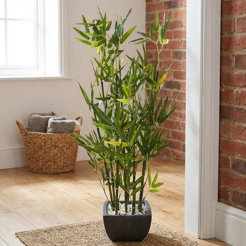 Artificial Green Bamboo Plant in Black Terracotta Pot with Pebbles Image 3