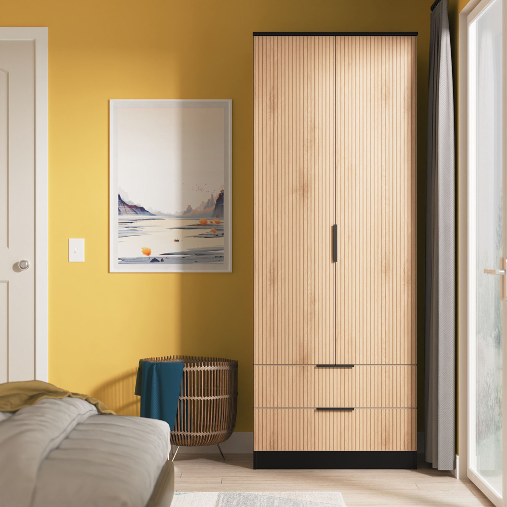 Crowndale Java 2 Door 2 Drawer Slatt Effect and Black Tall Wardrobe Ready Assembled Image 8