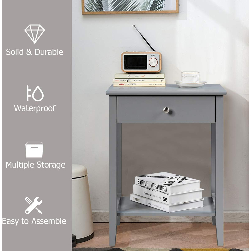Costway Single Drawer Single Shelf Grey Bedside Table 2 Pack Image 6