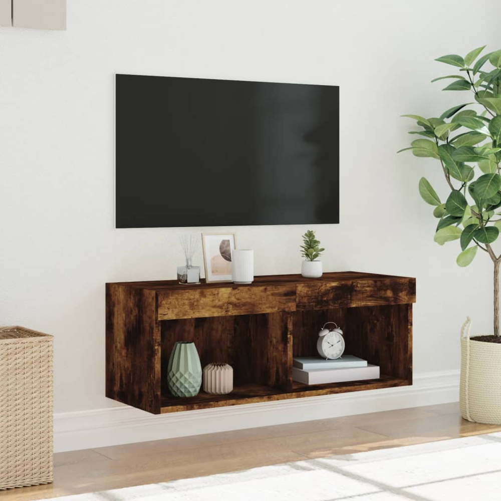 vidaXL 2 Shelf Smoked Oak Wall Mounted LED TV Cabinet Image 5