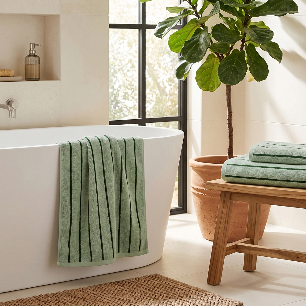 Allure Bath Fashions Sage and Dark Green Strand Striped Large Bath Sheet 100 x 150cm Image 2