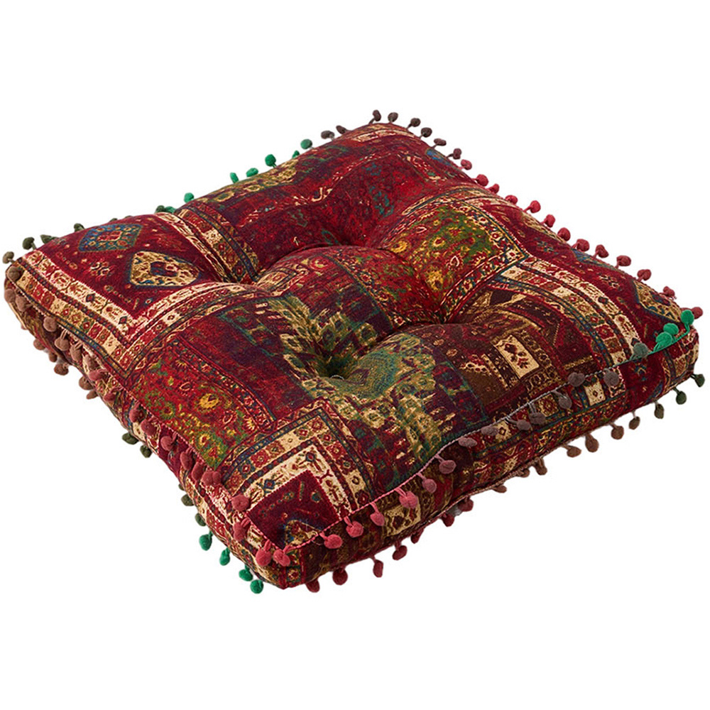 Living and Home Red Bohemia Style Square Seat Cushion with Pom Pom Trim 40 x 40cm Image 4